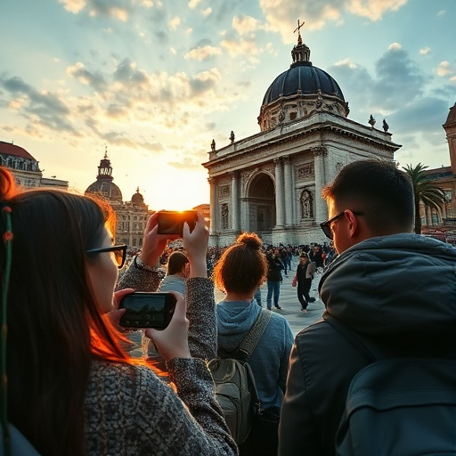 Golden Hour Adventures: Tourists Capture the Magic of a Grand Building