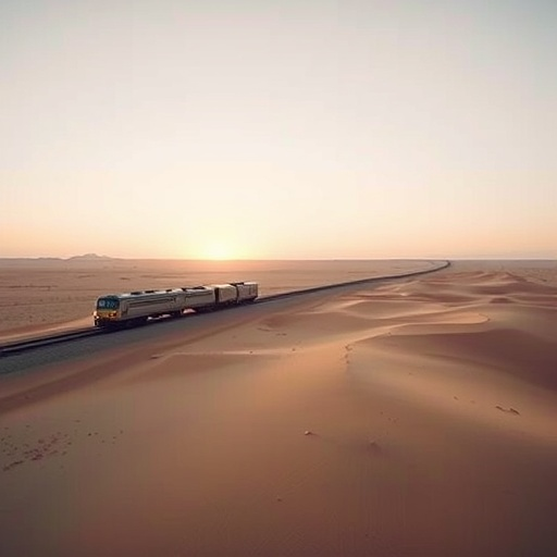 Solitude on the Rails: A Train Disappears into the Desert Sunset