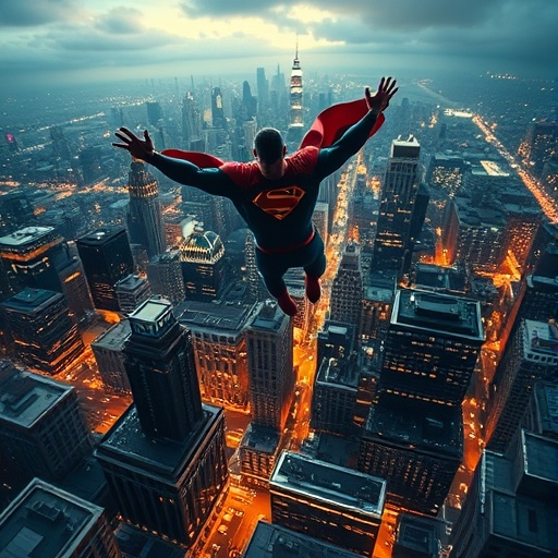 Superman Soars Above a City Bathed in Golden Light