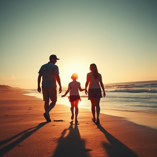 Sunset Silhouette: A Family’s Tranquil Walk on the Beach