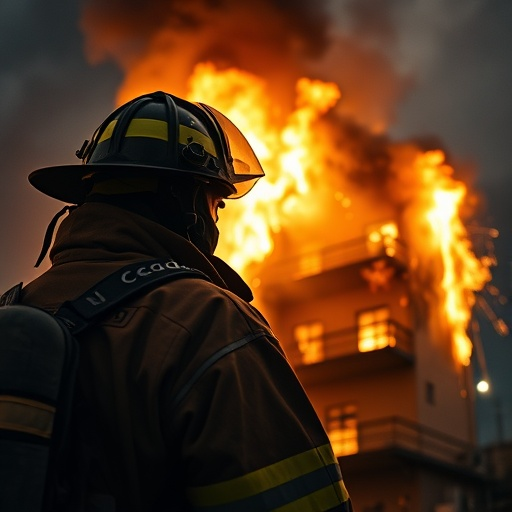 Heroic Silhouette: Firefighter Faces the Blaze