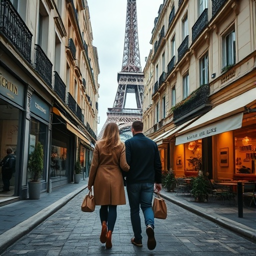 Parisian Romance: A Couple’s Stroll Towards the Eiffel Tower