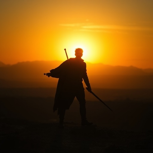 Silhouetted Warrior at Sunset’s Edge