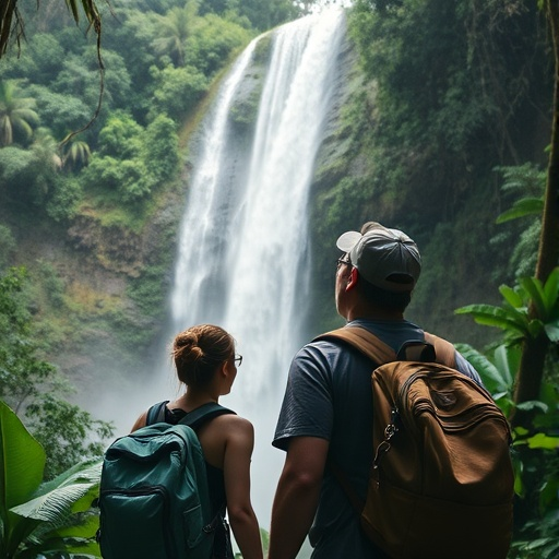 Adventure Awaits: Couple Explores Majestic Waterfall Amidst Lush Greenery