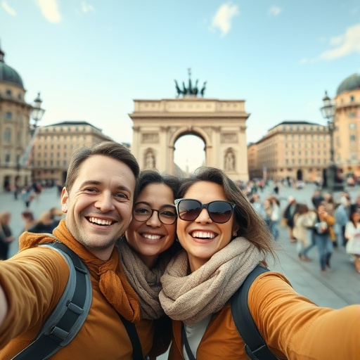 Friends Capture the Moment Under a Dramatic Archway