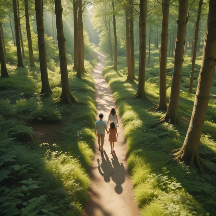 Sun-Dappled Path: A Family’s Tranquil Forest Walk