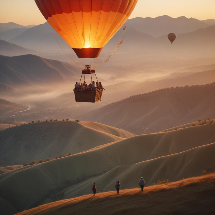 Serene Sunrise: A Hot Air Balloon Soars Over Tranquil Valley