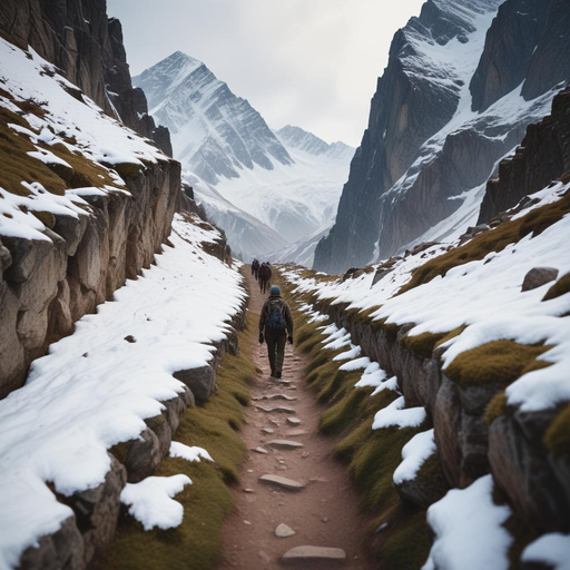 A Narrow Path to Adventure: Hiking Through Snowy Mountains