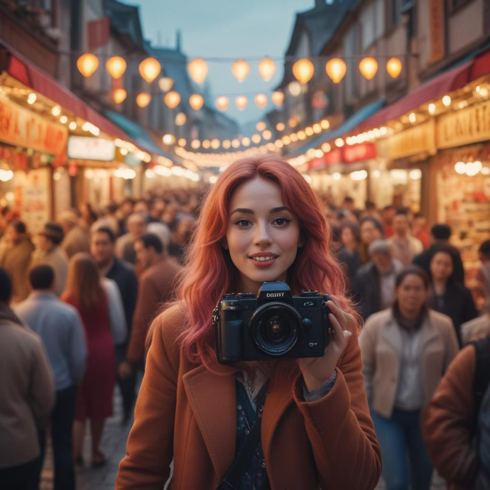 Lost in the Moment: A Whimsical Portrait in a Crowded Market