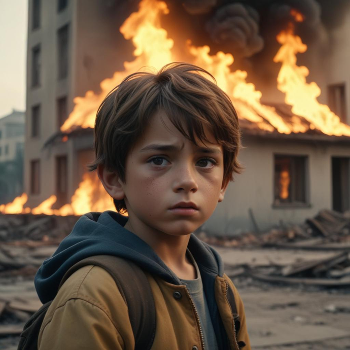 Innocence Lost: A Boy’s Gaze Amidst the Ruins