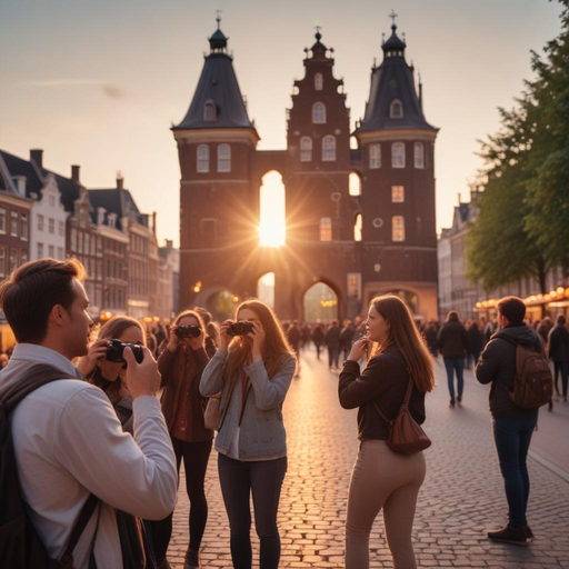 Golden Hour at the Archway: A Joyful Gathering Under the Setting Sun