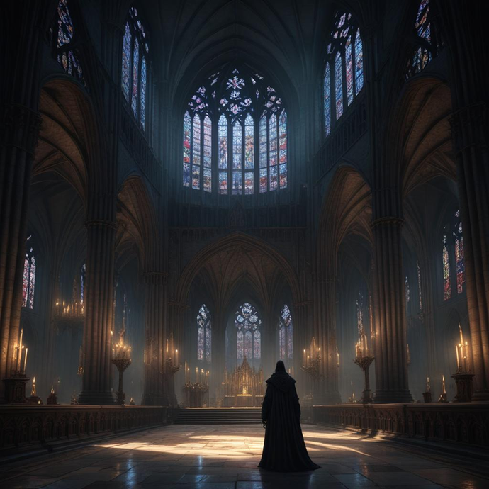 Lost in the Cathedral’s Embrace: A Solitary Figure Bathed in Mystical Light