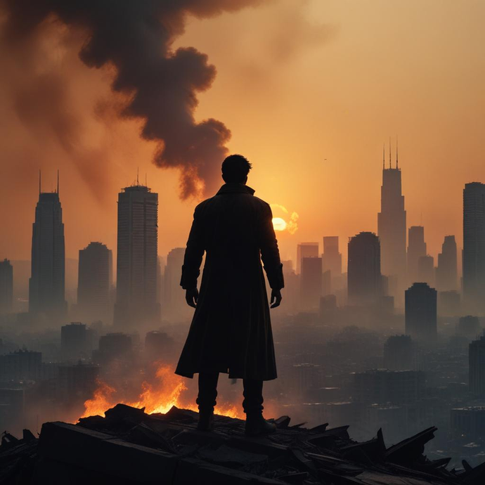 Silhouetted Against the Flames: A Lone Figure in a City’s Ashes