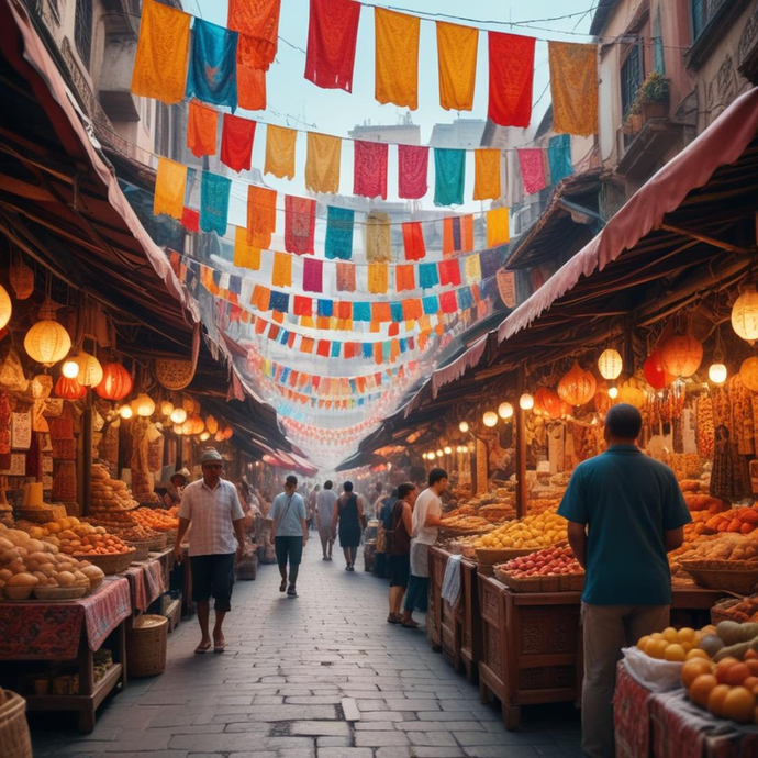 Lost in the Labyrinth of Color: A Low-Angle View of a Bustling Market