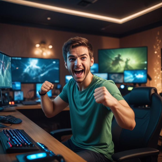 Victory Dance! Gamer Celebrates Triumph in Dimly Lit Gaming Room