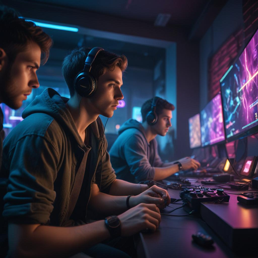 Neon-Lit Intensity: Gamers Immersed in a Futuristic World