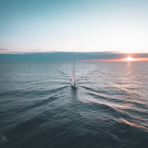 Tranquil Sunset Sail: A Tiny Boat Against the Vast Ocean