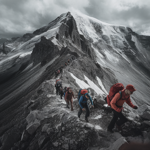 Conquering the Summit: Hikers Brave a Snowy Mountain Path