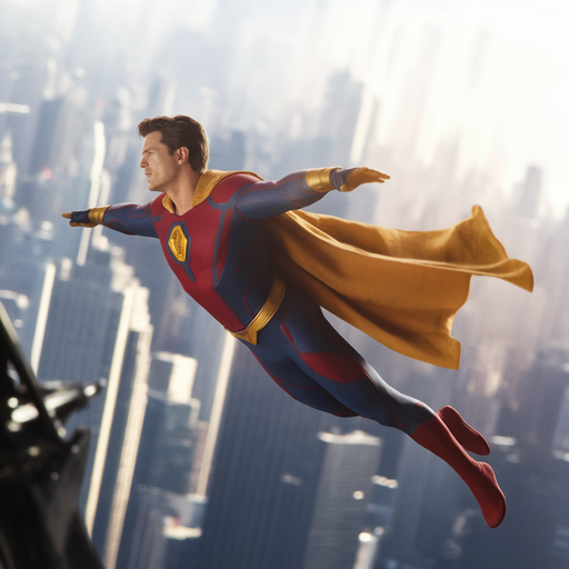 Superhero Soaring Above the City