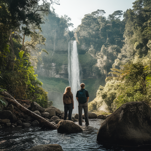 Lost in the Majesty: A Couple Finds Tranquility at the Waterfall’s Edge