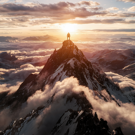 Sunrise Triumph: A Lone Figure Conquers the Mountaintop