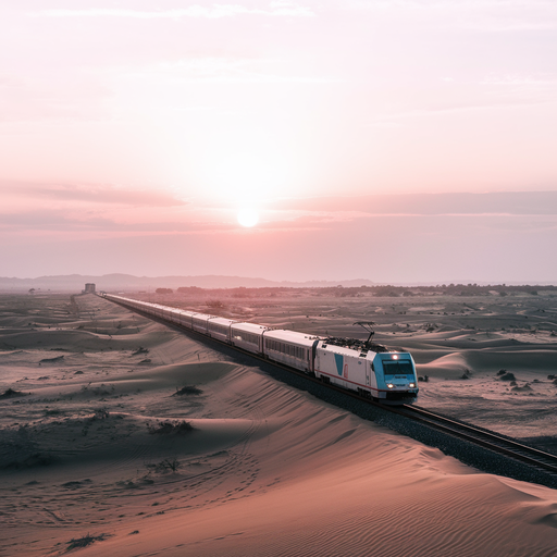 A Train Disappears into the Vastness of the Desert Sunset