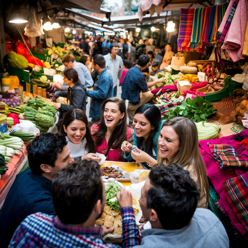 Laughter and Light: Friends Share a Joyful Meal in a Bustling Market