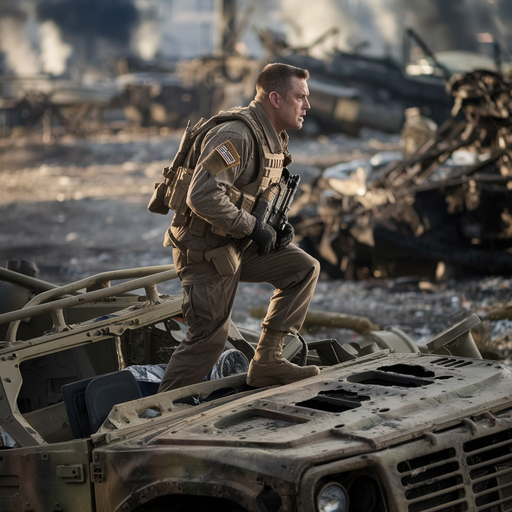 Sole Survivor: Soldier Stands Guard Amidst Battlefield Devastation