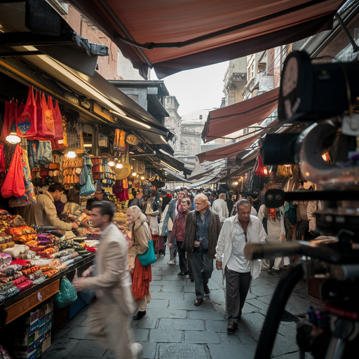 A Bustling European Street Market: Captured in All Its Chaotic Glory