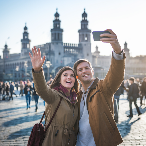 Love Story in the City: Couple Captures Joy in Front of Historic Cathedral