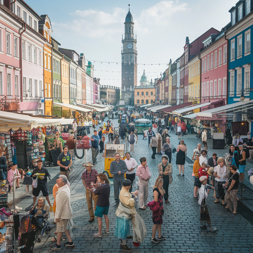 A Vibrant European Marketplace Under a Majestic Clock Tower