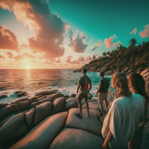 Silhouettes of Tranquility: Sunset on a Rocky Beach