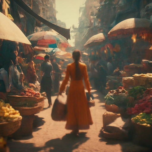 Lost in the Golden Hour: A Woman’s Journey Through a Bustling Marketplace