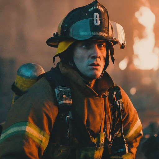 Firefighter’s Focused Gaze Amidst the Flames