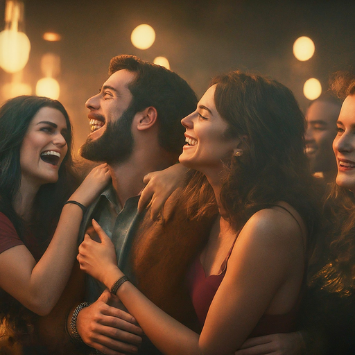 Warm Lights and Laughter: Friends Celebrate in Intimate Embrace