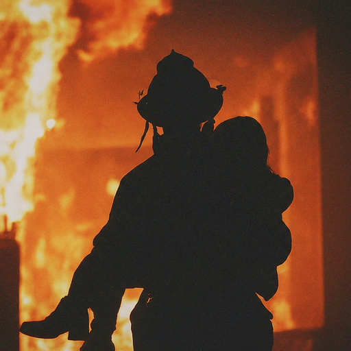 Heroic Silhouette: Firefighter Saves Child from Blazing Inferno