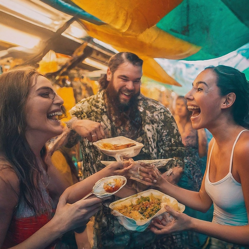 Laughter and Vibrance: Friends Enjoying a Market Feast