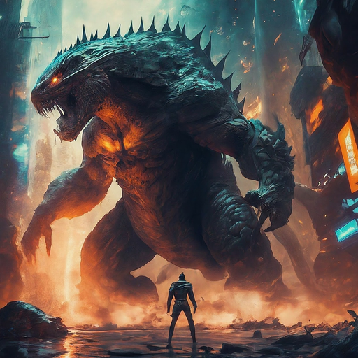 A Lone Figure Faces a Fiery Colossus