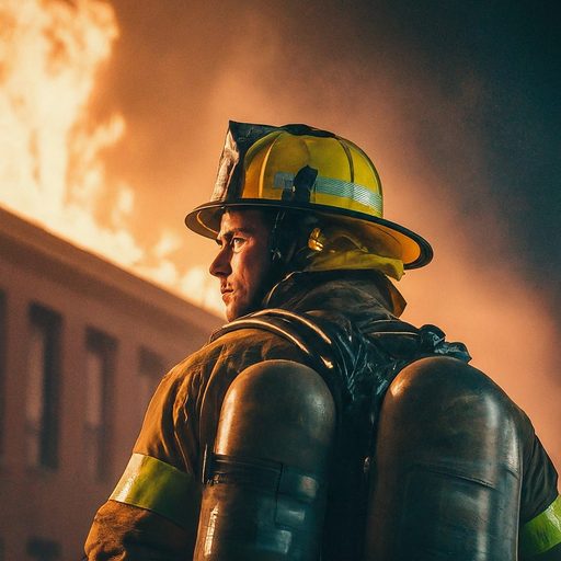 Heroic Figure: Firefighter Stands Tall Amidst Blazing Inferno