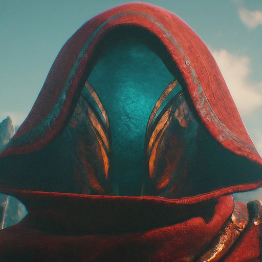 Mystery in the Shadows: A Red-Hooded Figure with a Teal Mask