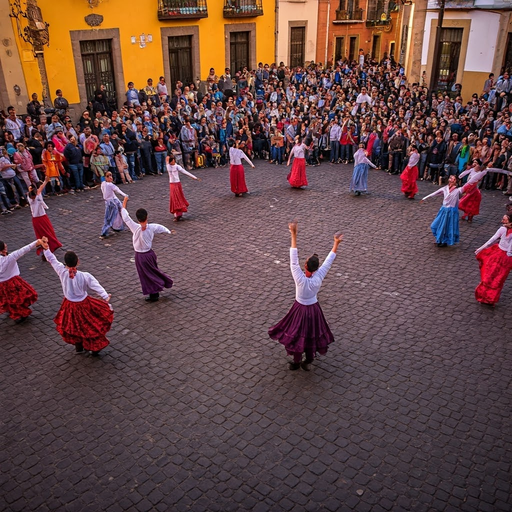 A Celebration of Culture: Women in Traditional Dress Dance in a Cobblestone Square