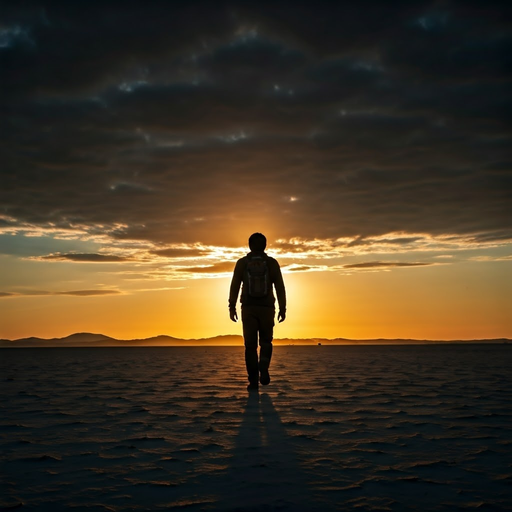 Silhouetted Against the Setting Sun: A Moment of Tranquility on the Salt Flats