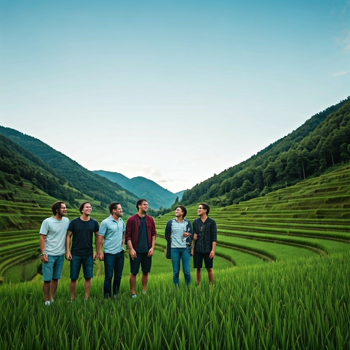 Young Friends Embrace Adventure in a Breathtaking Rice Paddy Landscape