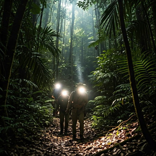 Lost in the Jungle’s Embrace: A Headlamp’s Glimmer in the Darkness