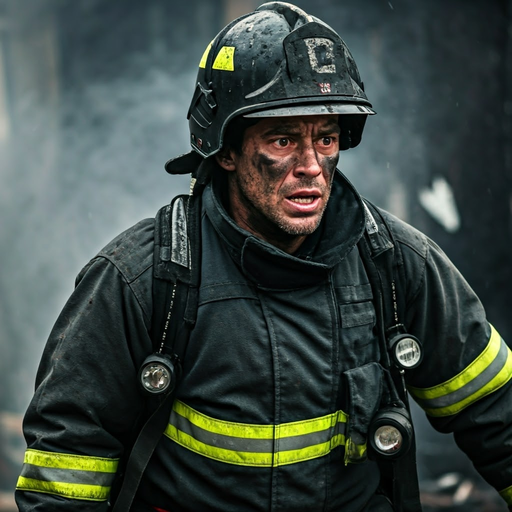 Firefighter’s Determined Gaze Amidst the Smoke