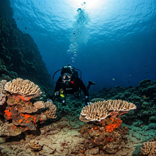 Sunlit Serenity: A Scuba Diver Explores Vibrant Coral Reefs