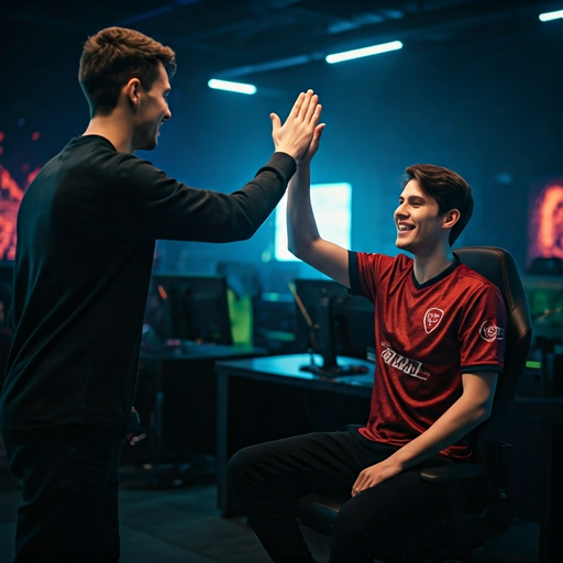 High Five for Victory: Gamers Celebrate in Dimly Lit Room