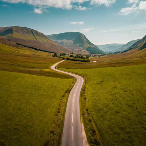 Tranquil Escape: A Winding Road Through Lush Green Fields