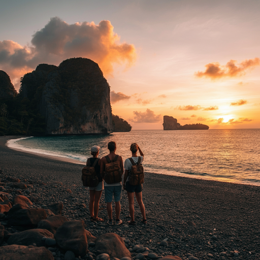 Silhouettes of Adventure: Sunset on a Pebbled Beach