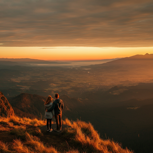 Romance at Sunset: A Couple’s Silhouette Against a Majestic Valley